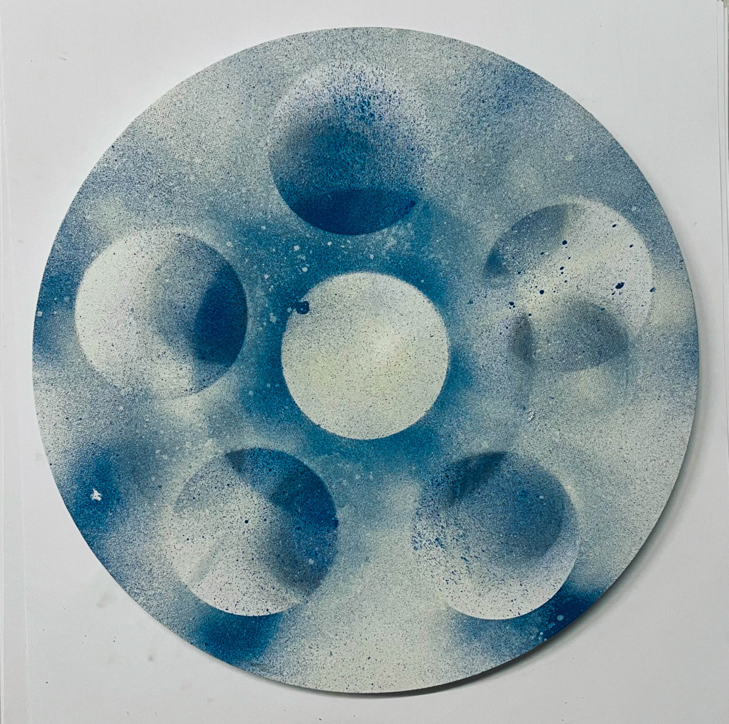 Abstrakte planetare Malerei in Acryl und Öl auf runder Leinwand